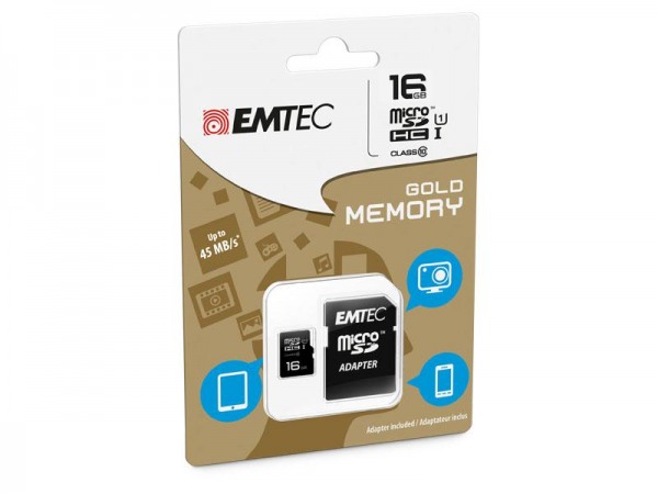 MicroSDHC 16GB EMTEC +Adapter CL10 Speicherkarte f. Digital kamera, Camcorder, Actioncam